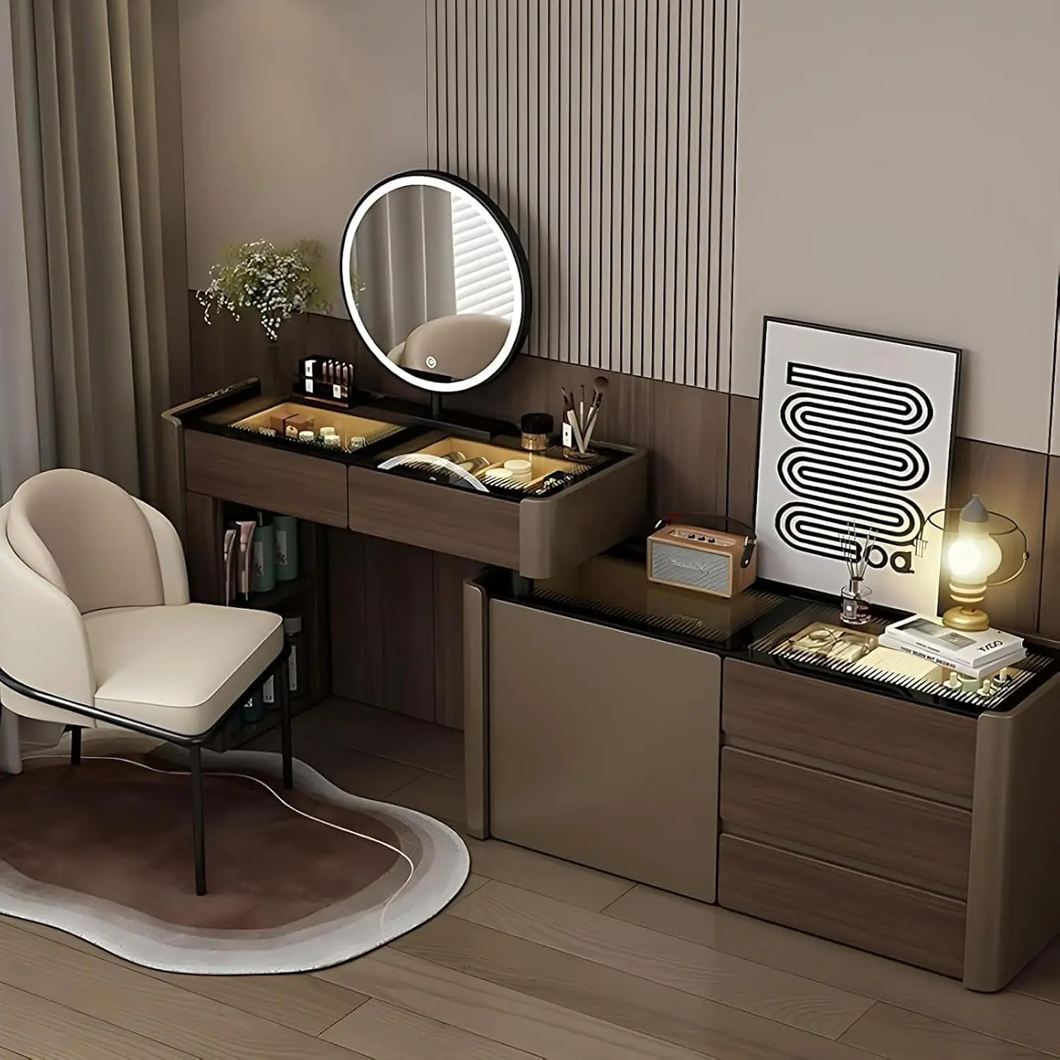 Vanity Set, Solid Wood Vanity Desk with Drawers and Storage Cabinet, Modern Dressing Table with Smart LED Mirror and Makeup Stoo