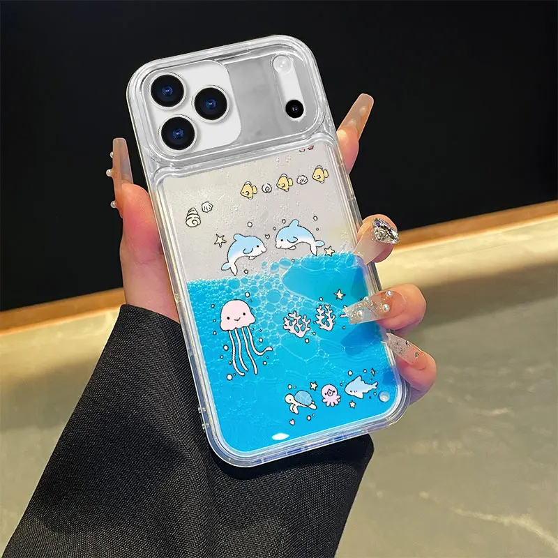 Dolphin jellyfish Floating Liquid Case for IPhone 17 Pro Max 14 16 15 Luxury Dynamic Moving Around Water Cover Clear Hard Fundas view 3