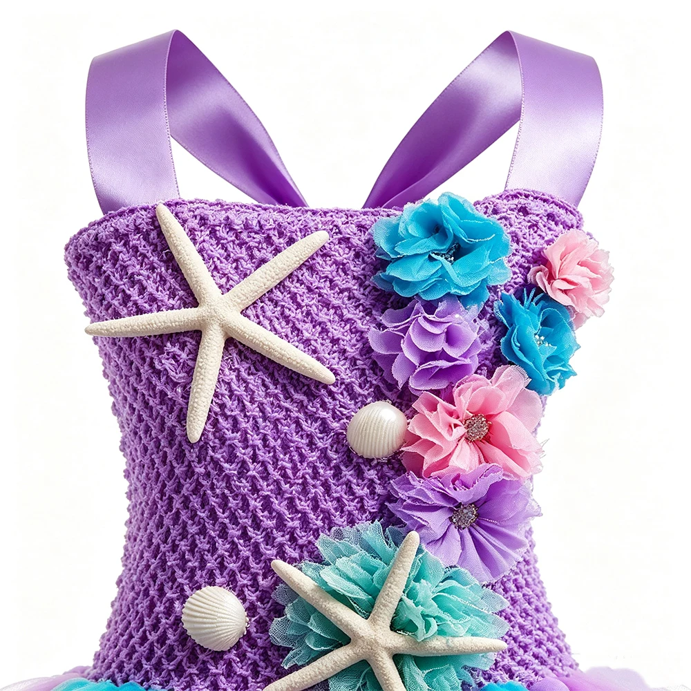 Niedliches, lila Kleid im Meerjungfrauen-Stil mit Spaghettiträgern für Mädchen, mit Zauberstab, Krone, Halskette und Haarreif – ideal als Halloween- oder Geburtstagsgeschenk. – Detail 4