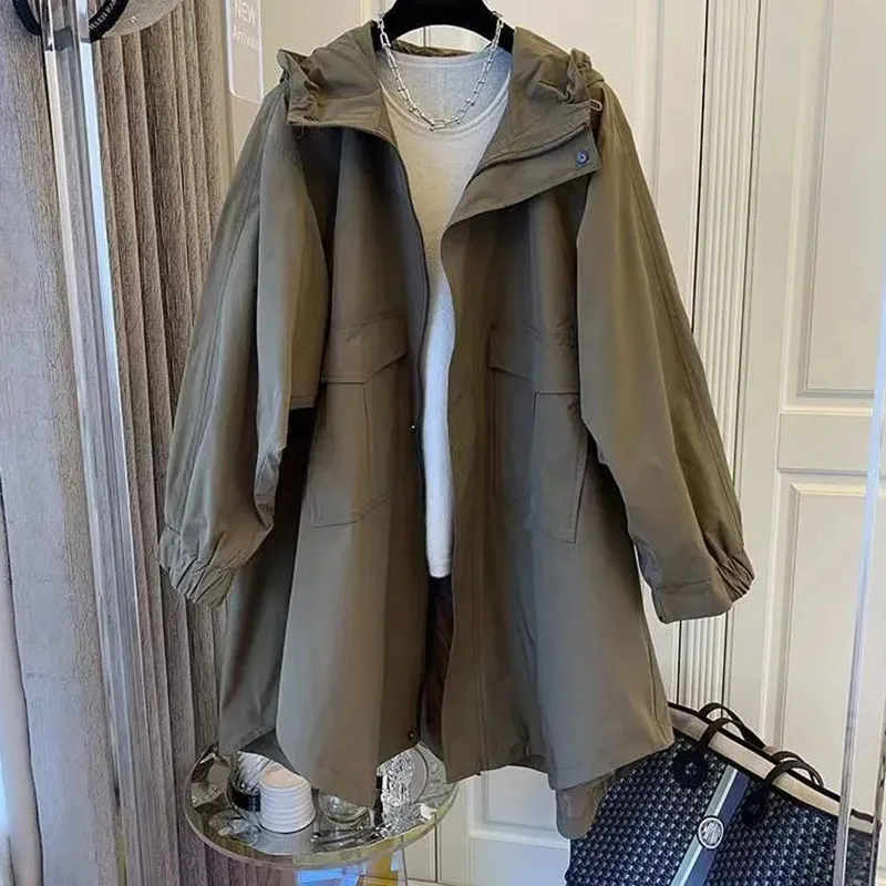 

Korean Female Hooded Windbreaker Jacket Spring And Autumn Loose Fitting Double Pockets Coat Ladies Fashion Leisure New Outerwear