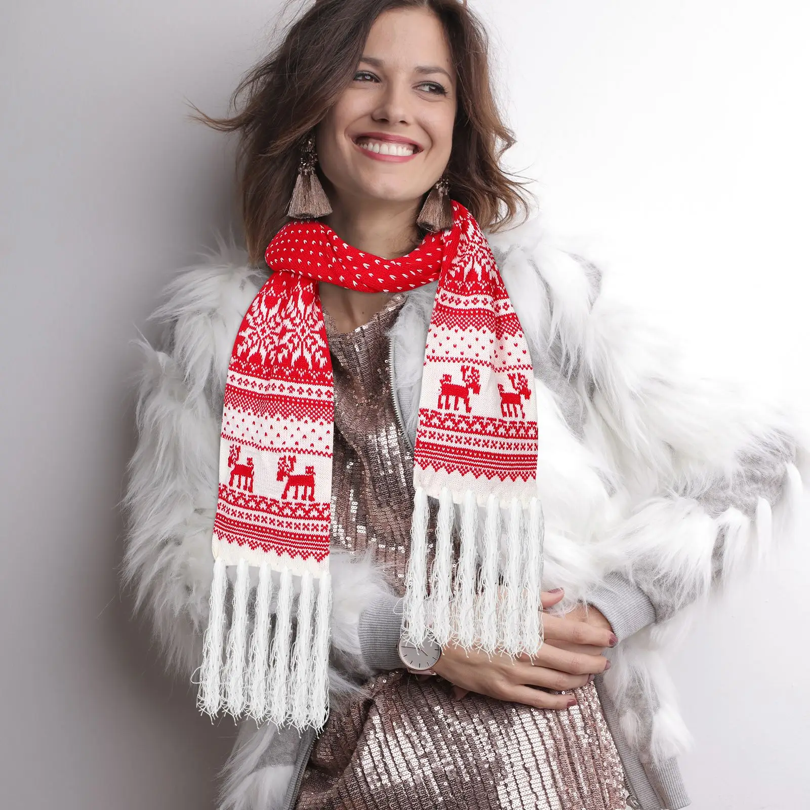 Bufanda gruesa de Navidad, bufanda cálida para otoño e invierno, bufanda protectora contra el frío, bufanda larga informal con puntos de copo de nieve y alce, regalo de Navidad para mujer