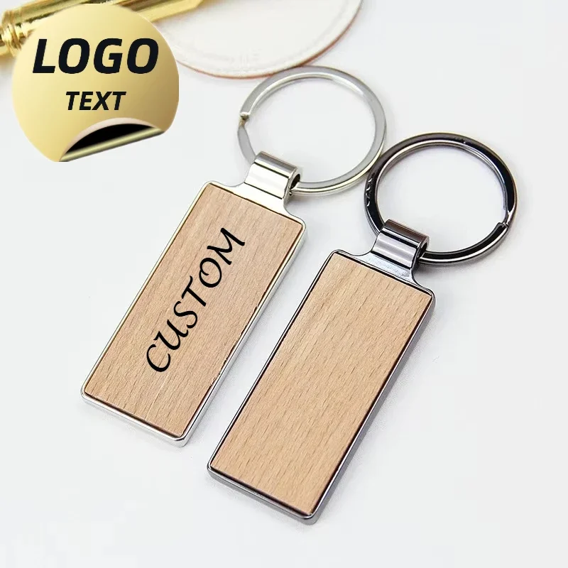 Custom Logo Bamboo Wooden Keychain Laser Engrave Double-sides Wood Metal Keyring Personalize Hotel Room Number Key Chain Holde