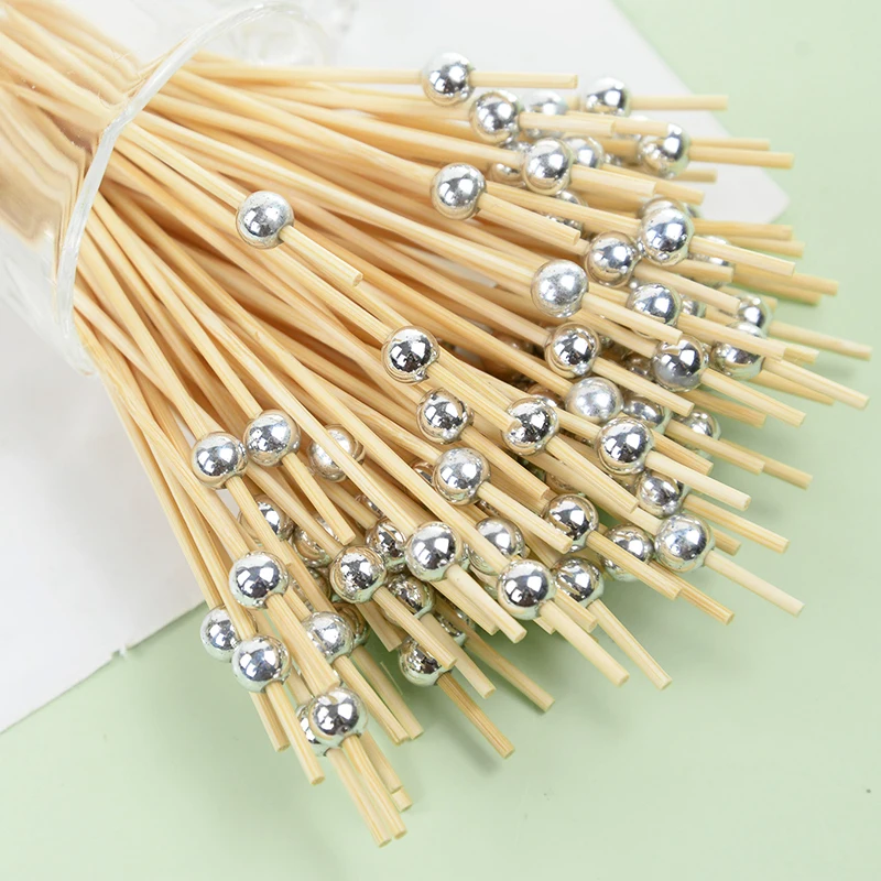 100pcs Gold Silver Beads Bamboo Fruit Salad Snack Sticks Cocktail Decor Buffet Toothpicks Skewer Wedding Birthday Party Supplies