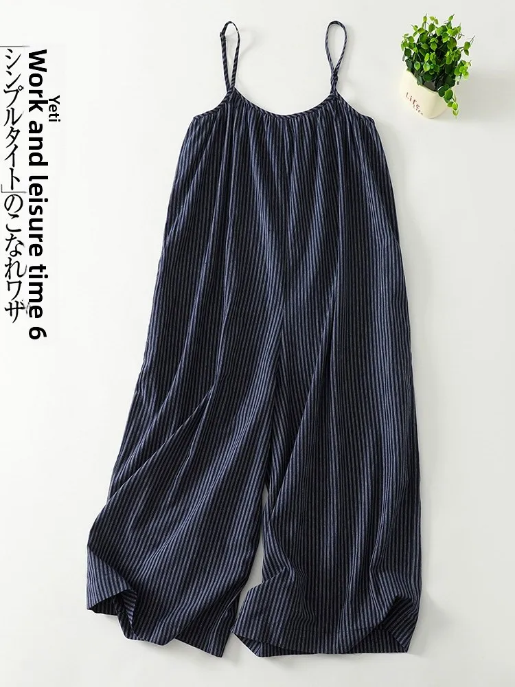 กางเกงเอี๊ยมผู้หญิงลายทางสีน้ำเงินสไตล์เกาหลีทรงหลวมขาบานเอวสูงแบบลำลองความยาวเก้าส่วน