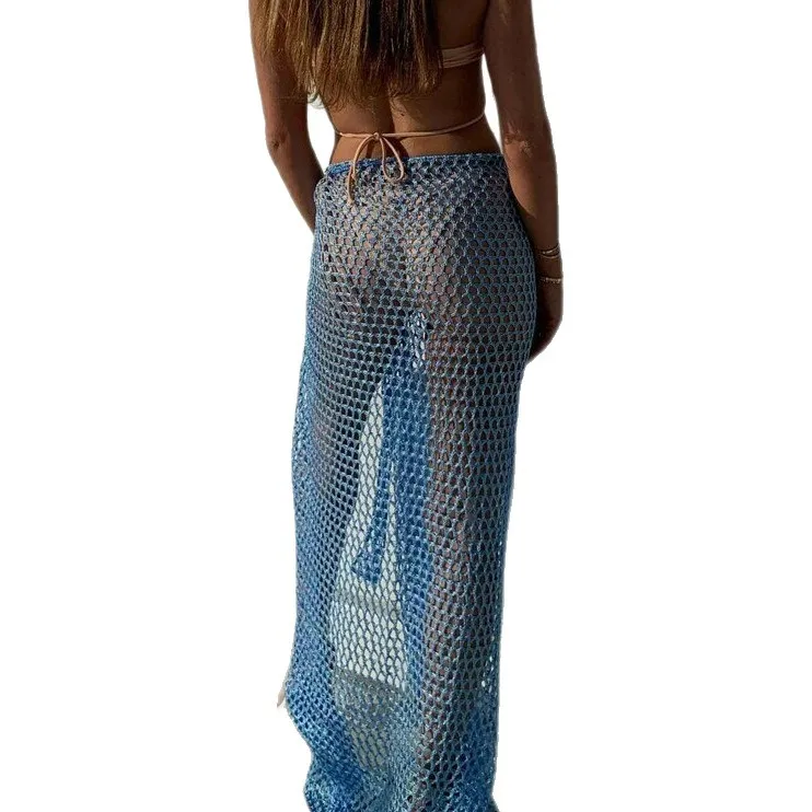 Beach skirt hollow knit swimming skirt vacation sexy perspective straps beach towel solid color apron skirt beach summer dress
