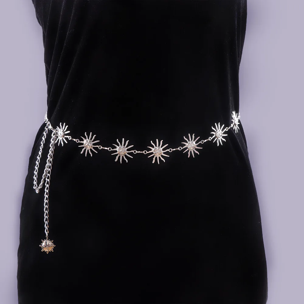 

Women Fashion Belt Hip Hop High Waist Gold Silver Color Vortex Sun Chain Chunky Fringes Waist Chain Corset Chain Belt