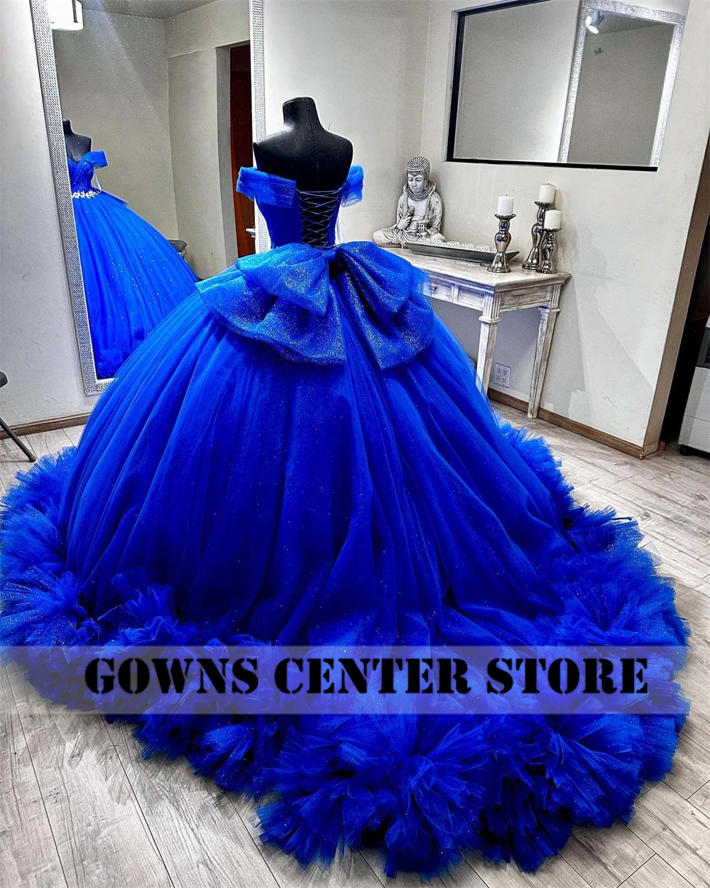 Off The Shoulder King Blue 15 Quinceanera Dresses Crystal Waist Tulle Ruched Train Bow Ball Gown lace-up Graduation Party Dress