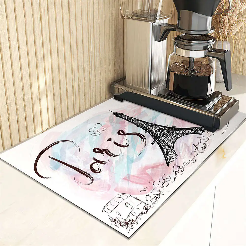 Eiffel Tower Landscape Print Kitchen Drain Pad Absorbent Dish Drying Mat Countertop Protector Mat Tableware Placemat Dinnerware