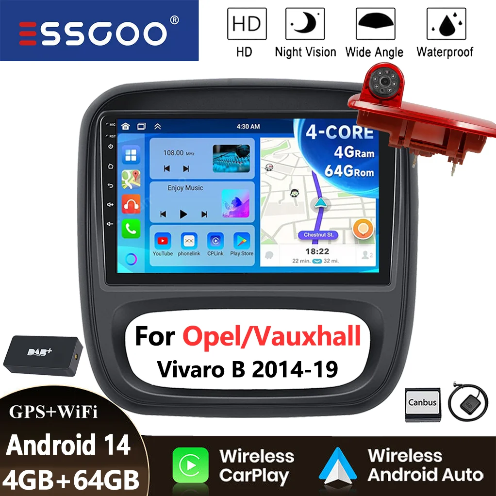 9 "Android 14 Telecamera Retrovisore Auto Stereo CarPlay Android Auto Per Vauxhall Opel Vivaro B Renault Trafic GPS NAVI BT Wifi SWC FM