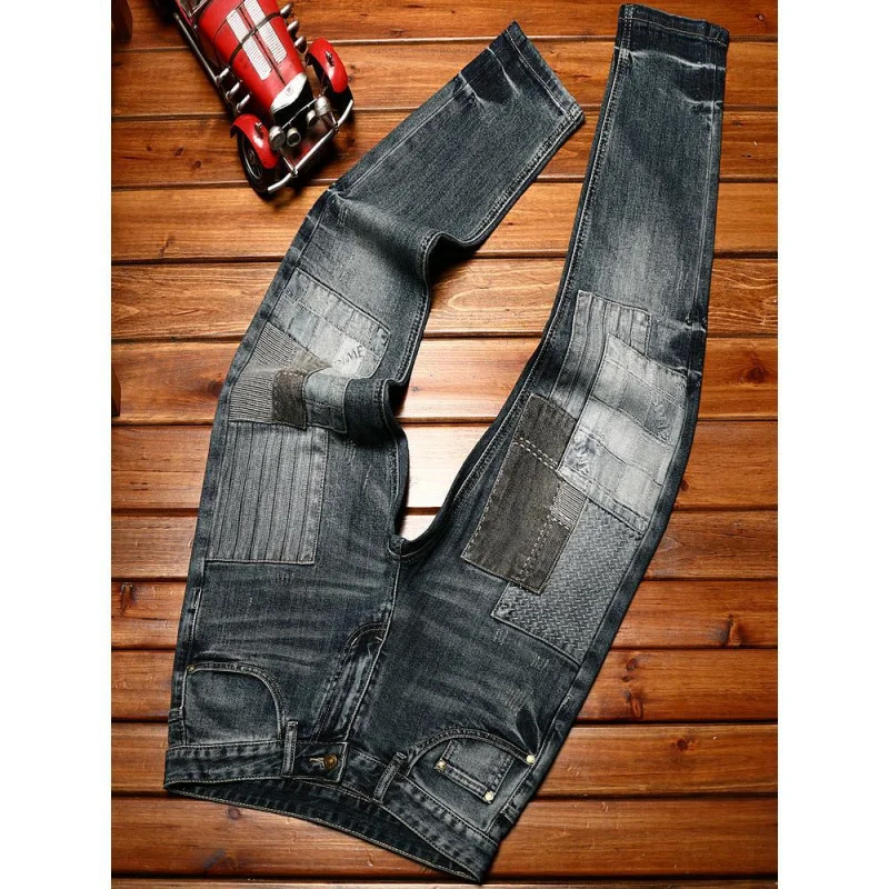 High end MEN'S biker jeans straight tube slim fit elastic retro fashion splicing versatile casual washed motorcycle denim pants