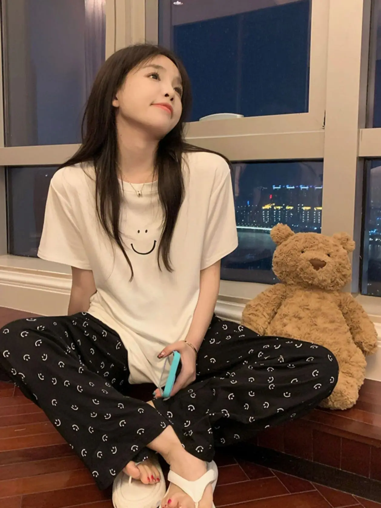 Trendy Smiley Face Print Short Sleeve Pajamas Women\'s 2024 New T-shirt Long Pants Loungewear Casual Set Ins Korean Style