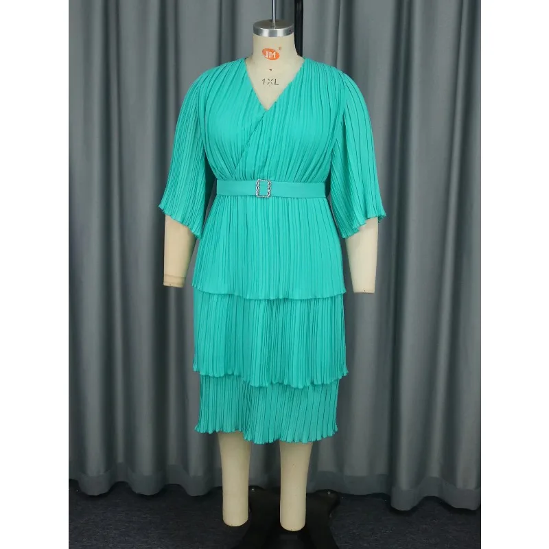 

2026 Elegant Dress Women for Wedding Party Summer Fashion African 3/4 Sleeve V-neck Polyester Pleated Midi Dresses Ankara Dress
