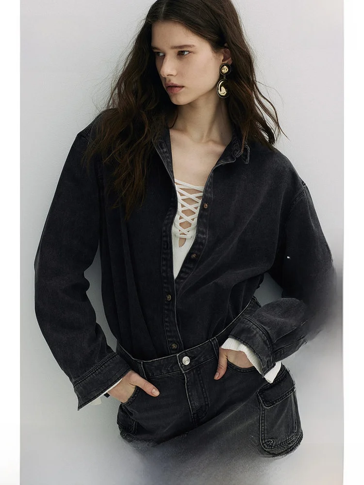 

Classic Long Sleeve Women's Denim Shirt Intellectual Style Washed H&M Casual Fashion Spring Collection Pure Color Shirt