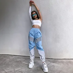 Y2K Spliced reflective Night Running Pants Women High Waist Streetwear Jogging Trousers Female Casual Sweatpants Penicl Pant