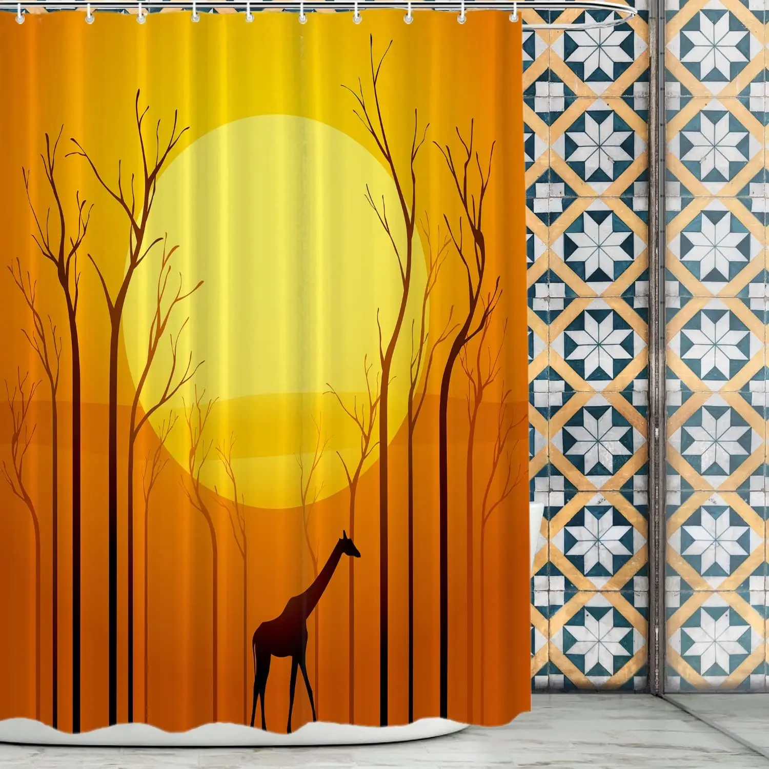 

Giraffe Sunset Shower Curtain African Safari Silhouette Design Orange Yellow Theme Nature Art Bath Decor Waterproof Fabric