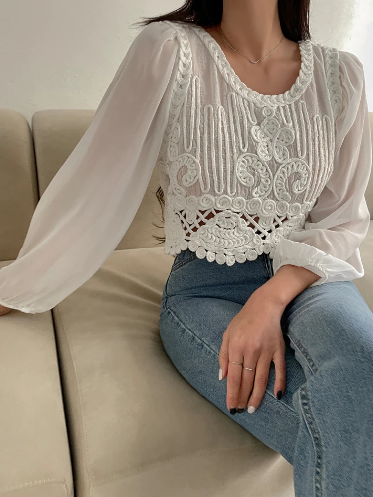 Spring Retro Women Pullover Shirt O-neck LongPuff Sleeves Slim Blouse Small Chiffon Crochet Hollow Out Short Top