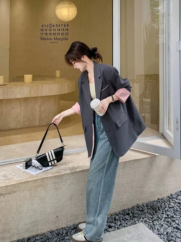 Insozkdg سترة بدلة متباينة على الموضة باللون الرمادي للنساء للربيع والخريف سترات جديدة فضفاضة غير رسمية للسيدات