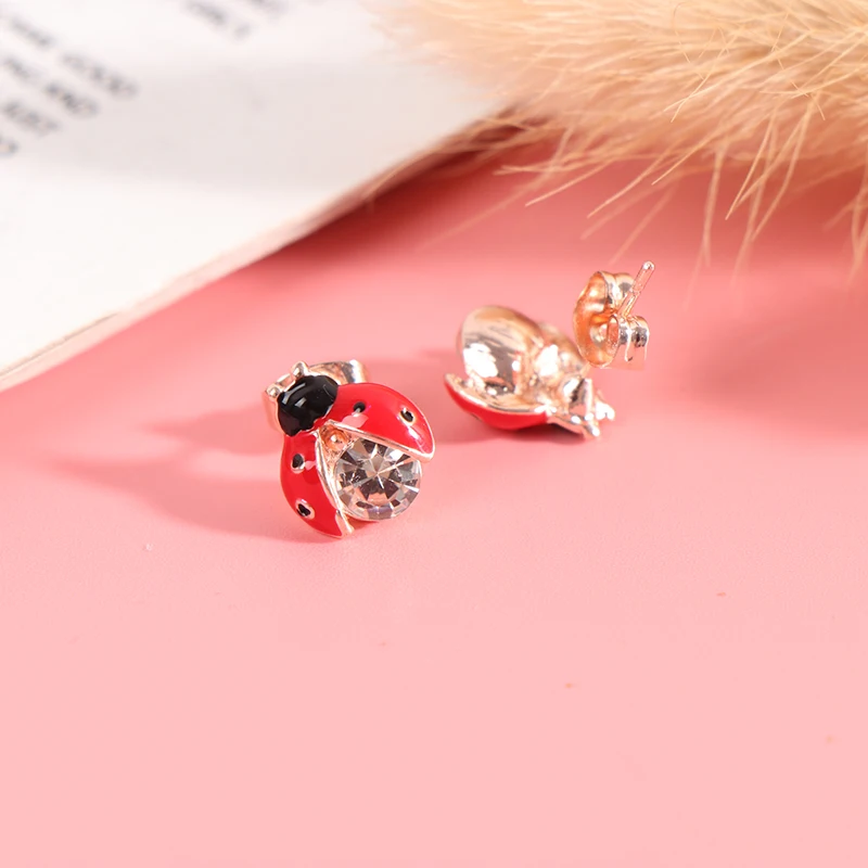 1Pair High-grade Handmade Oil Insect Stud Earrings Fashion Animal Rhinestone Female Jewelry Ladybug Ear Studs
