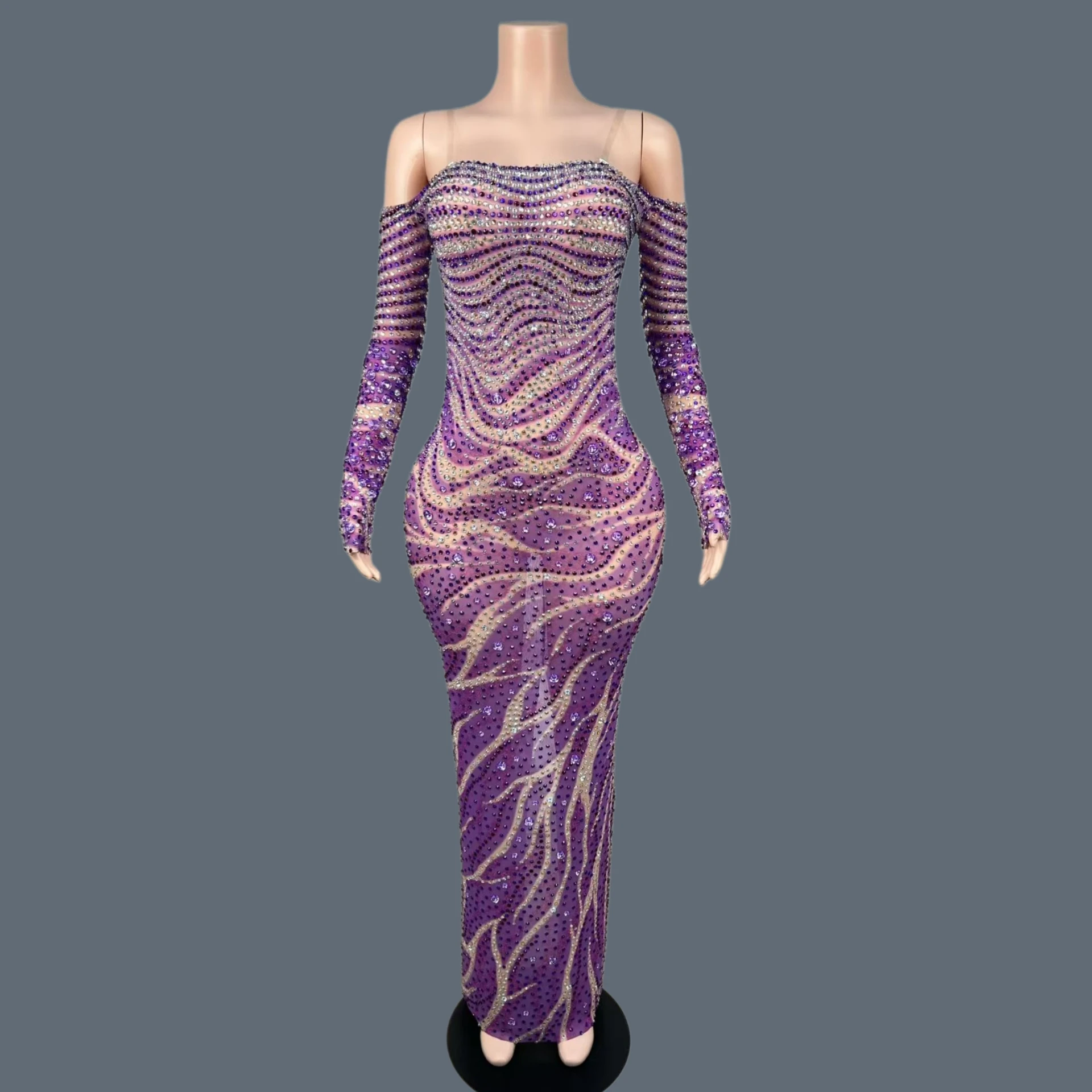 

Sparkly Purple Crystals Off Shoulder Off shoulder Gloves Mermaid Dress Women Birthday Celebrate Prom Party Evening Gown Dujuan