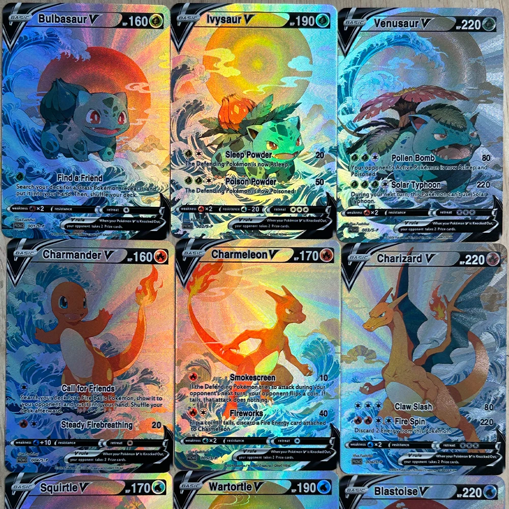 

9Pcs/set DIY Anime PTCG Collection Card English Charizard Charmeleon Ivysaur Venusaur Squirtle Refractive Flash Cards Child Gift