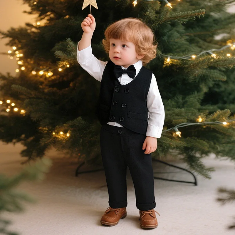 

Three-Piece Boys' Suit Set: Children's Formal Wear Waistcoat for Toddlers' First Birthday British Gentleman-Style Boys' Outfit