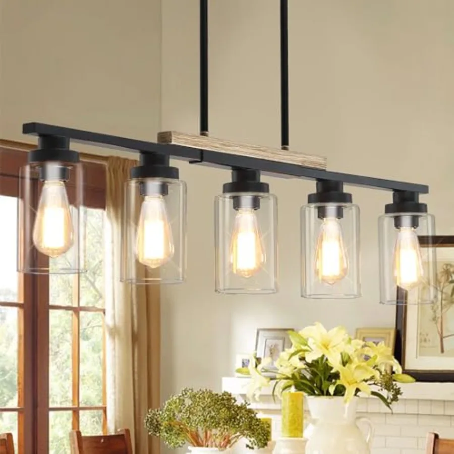 

Farmhouse Kitchen Island Lighting5-Light Dining Room Light Fixtures Over Table Linear Chandelier Pendant Lighting with Glass Sh