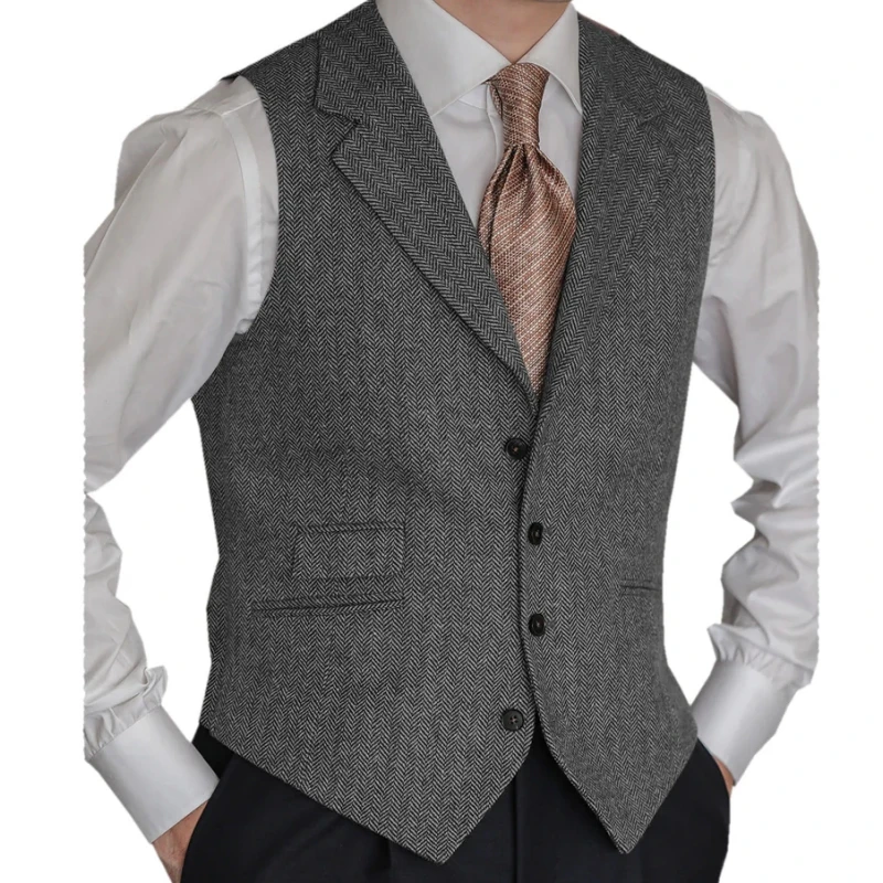 Men Vest Brown Classic Herringbone Pattern Suit Vest Notch Lapel Waistcoat Slim Formal For Wedding Groomsmen Banquet Men Suit