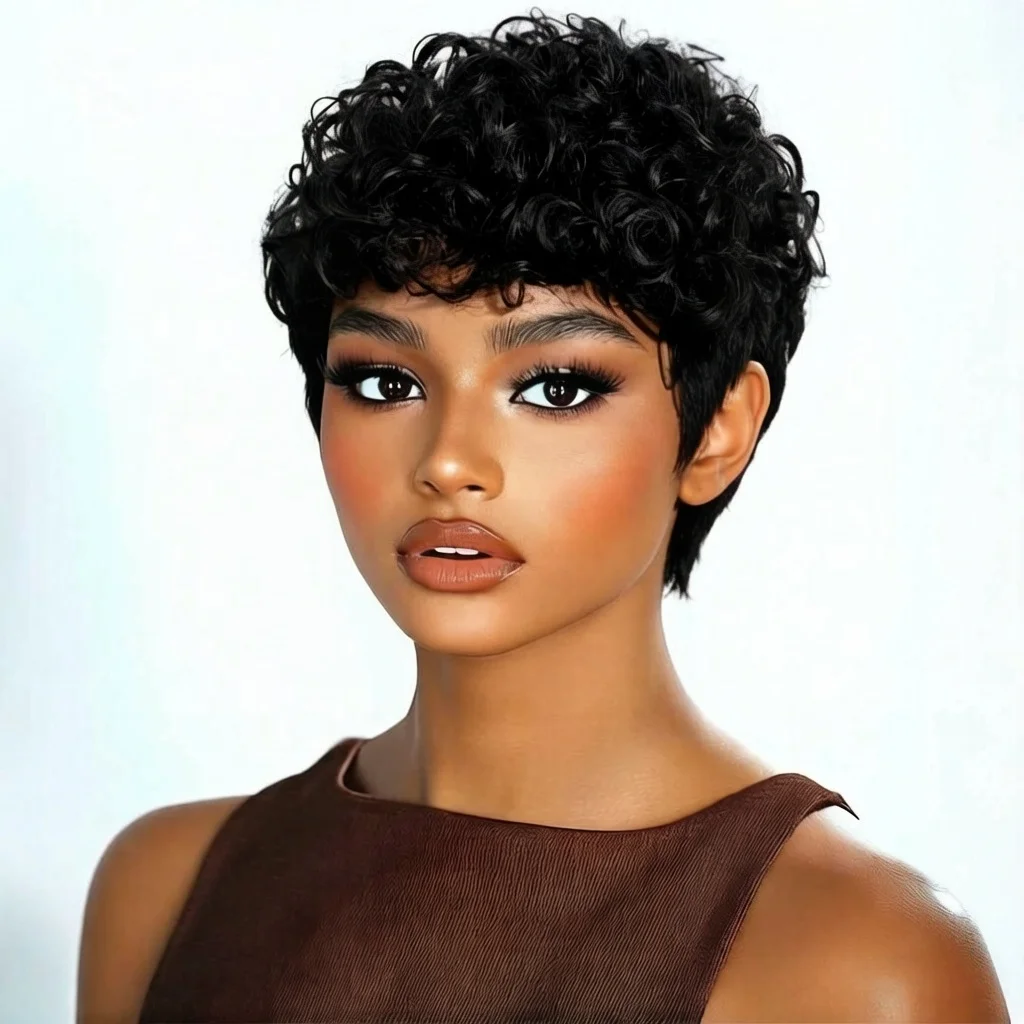 Pas de colle coupe lutin perruque 100 perruques de cheveux humains court rebondissant bouclés coupe lutin perruques pour les femmes noires pleine Machine vague profonde sans colle perruque