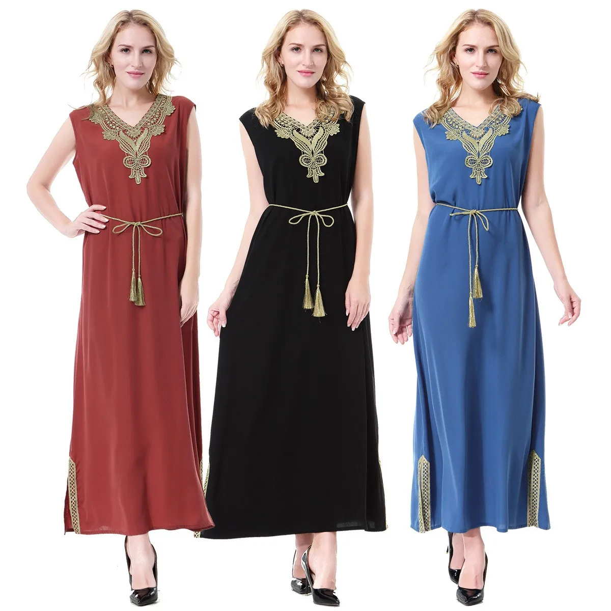 

Women's Summer Dress V Neck Sleeveless Lace Embroidery Dresses Loose Linen Blend Ethnic Maxi Dress Belted Side Slit Long Dress