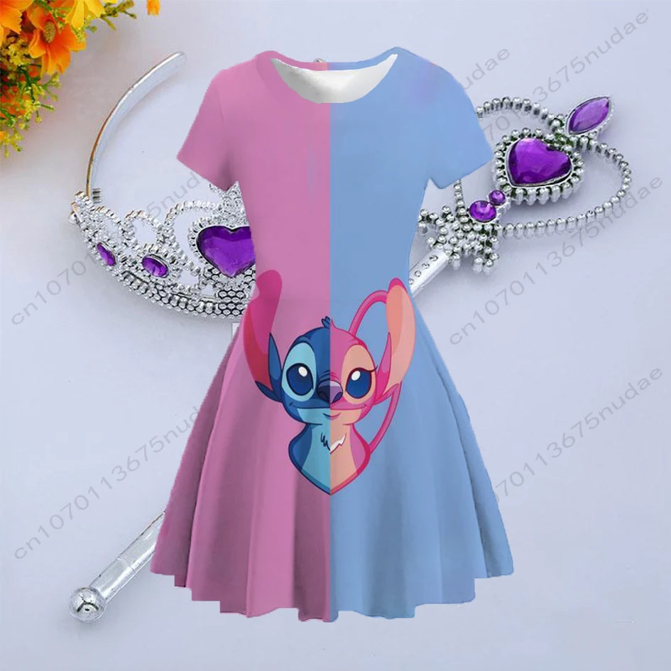 Round neck short sleeve waist slim elegant quiet dress Stitch cute cartoon printed children's clothing princess dress