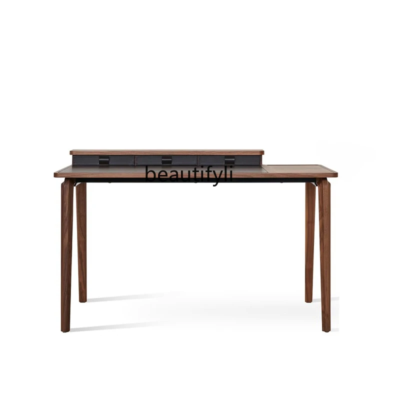 

Modern Minimalist Solid Wood Desk Saddle Leather Walnut Color Small Apartment Home Desk Designed by a Maestro