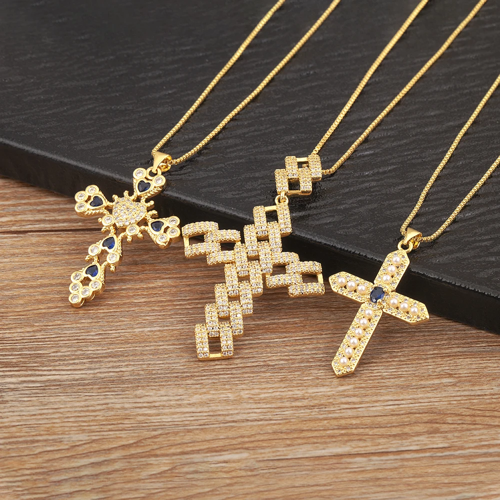 Nidin New Trendy Heart/Weave Shape Shiny Zircon Pearl Cross Pendant Necklace For Female Male Religious Style Jewelry Accessories