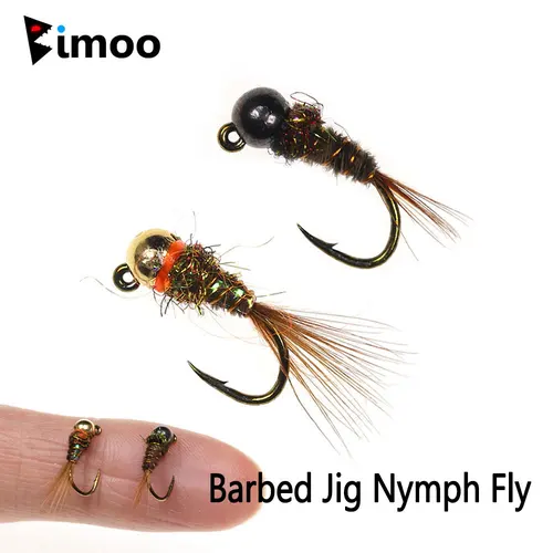 Bimoo 6PCS # 16 cabeza de cuentas de tungsteno con púas Jig Ninfa Fly Pheasant Tail fregadero rápido húmedo Euro Perdigon Ninfa mosca trucha Señuelos de pesca