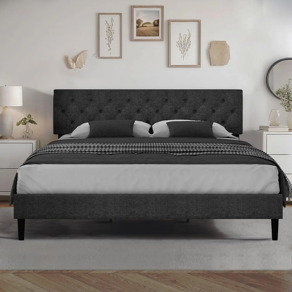 

Bed Frame Black, Linen Fabric Upholstered Bed Frame King and Headboard, Wood Slats Support, Button Tufted Desig