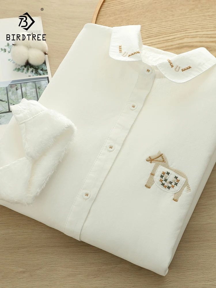 

New 2025 Autumn Cotton Long Sleeve Fleece Shirt, Women Lapel Cute Embroidery, Mori Girl Warm Age Reduction Loose Blouse T5O017CC