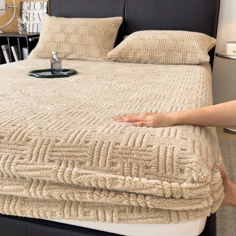 Winter Embossed Plush Fitted Sheet Soft Warm Coral Velvet Mattress Protector Cover Queen Size Deep Pocket Elastic Bed Sheet Set