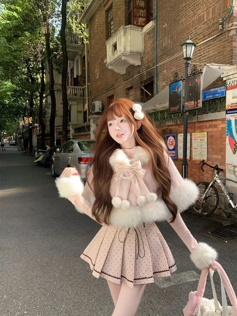 

Розовое пушистое пальто с капюшоном Sweet Princ Sle, женское осенне-зимнее вязаное базовое пальто с юбкой в горошек, комплект футболок