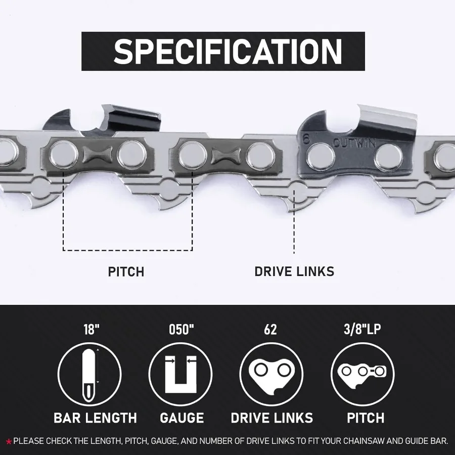 3 шт., 18-дюймовая цепь для бензопилы CW-S62, 3/8 дюйма, шаг LP, калибр 0,50 дюйма, 62 приводные звенья, одобренные UL, сменные пилы с низкой пряжкой, подходят