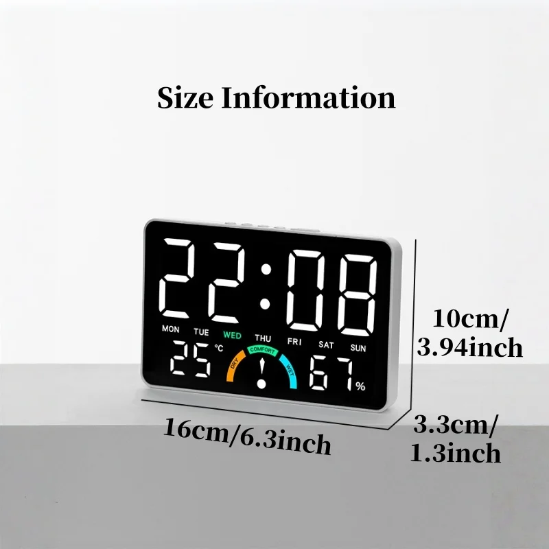 Digital Alarm Clock TEMP Humidity Week Comfort Level Dual Alarm Snooze Table Clock 12/24H Timer Auto Dimmable LED Wall Clock