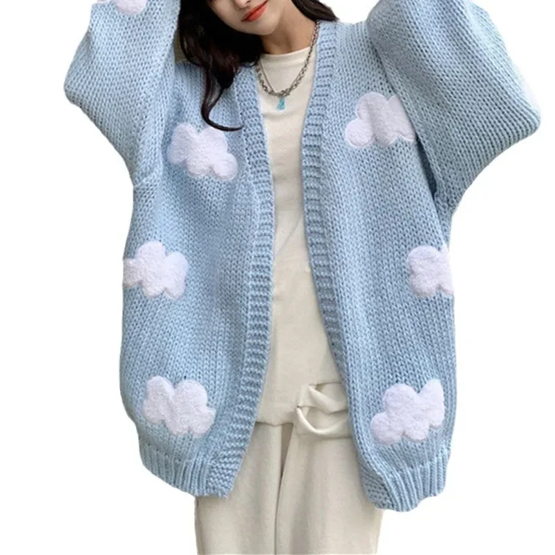 Kimotimo Autumn Winter Cloud Jacquard Sweater Coat Women Korean Sweet Loose Long Sleeve Knitted Cardigan 2024 Fashion Lazy Tops