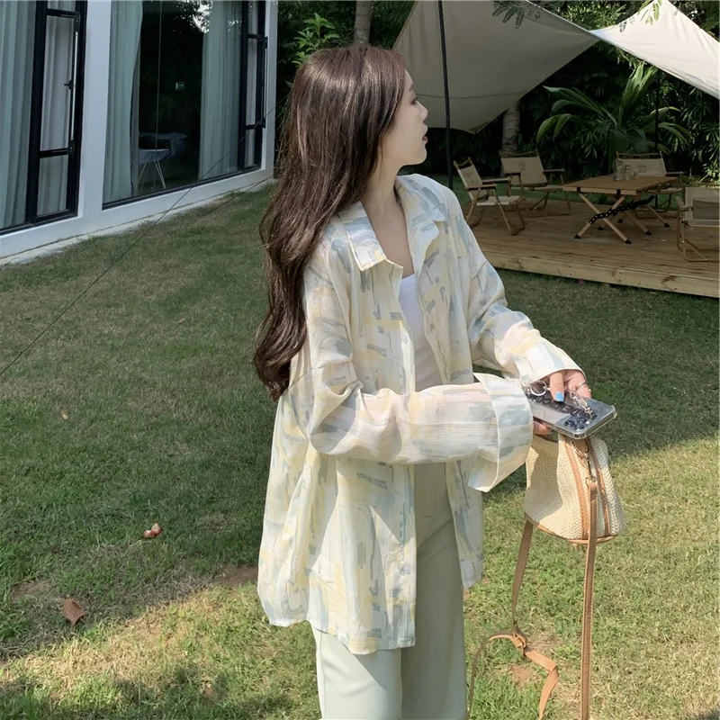 

Brand Women's Tie Dye Floral Shirt Summer Thin Chiffon Sun Protection Top Korean Style Button up Straight Cut Long Sleeve Pol...