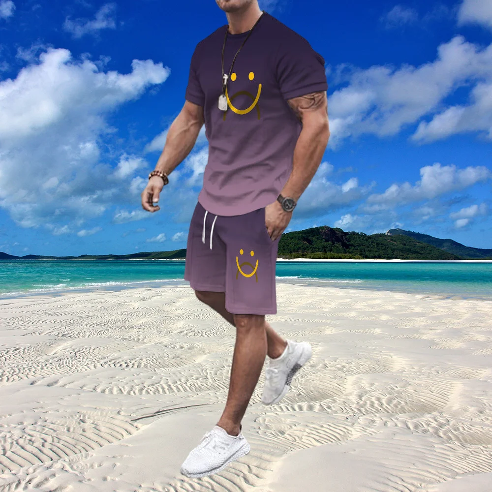 Verão conjuntos de 2 peças dos homens terno agasalho oversized roupas estilo praia 3d impresso sorridente rosto t camisas calções terno