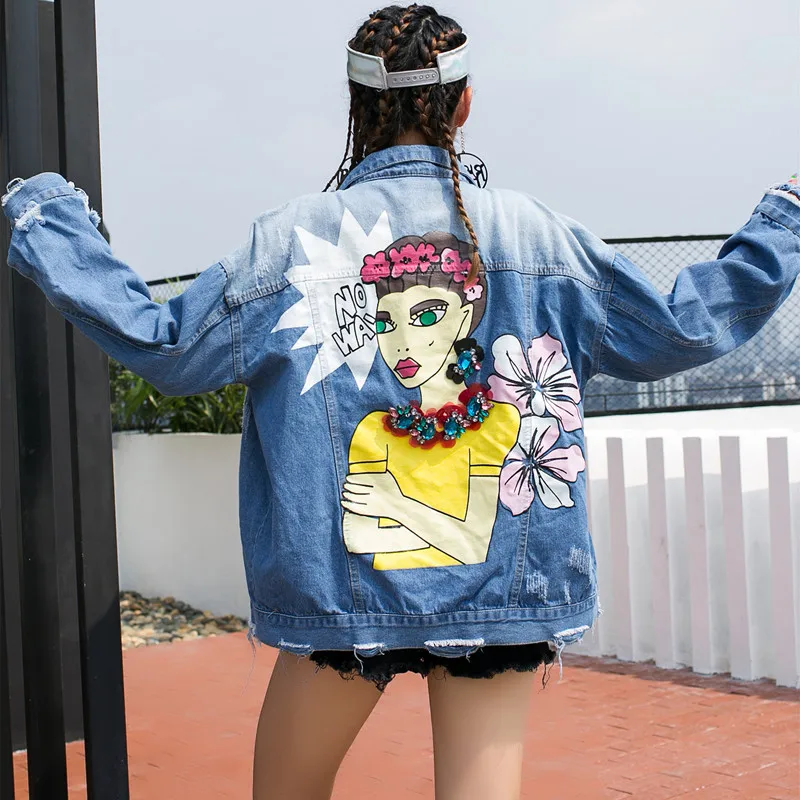 

Women's Denim Jacketwomen's Spring And Autumn New Retro Washing Fashion Beauty Print Heavy-Duty Diamond-Studded Long Sleeve Deni