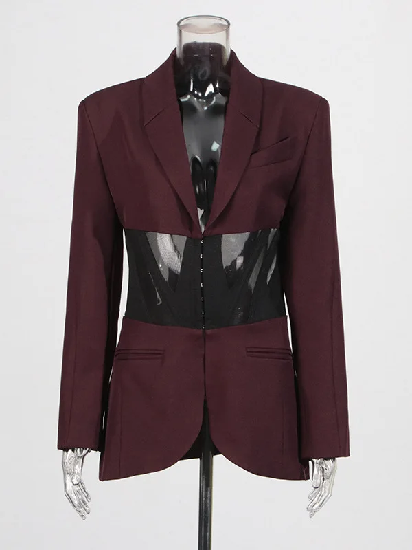 Street Style Spicy Fishbone Waist Cinched Mesh Splice See-through Women's  Jacket Polyester Long Sleeve  Collar