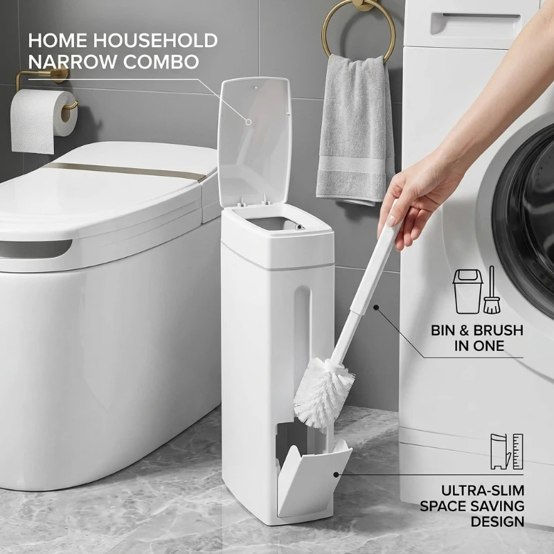 

Home Household Small Bathroom Trash Can Toilet Brush Combo Narrow Space Saving Garbage Bin with Lid Bathroom Accessories