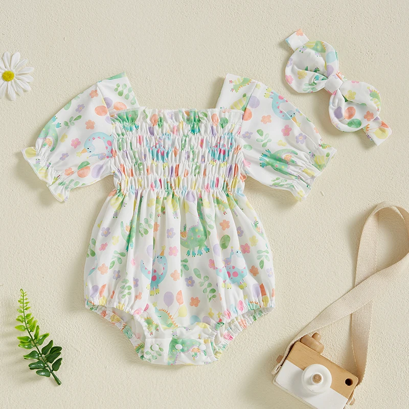 Baby Girls Cute Summer Romper Animal Floral Print Short Sleeve Square Neck Smocked Bodysuits Jumpsuit with Bow Headband