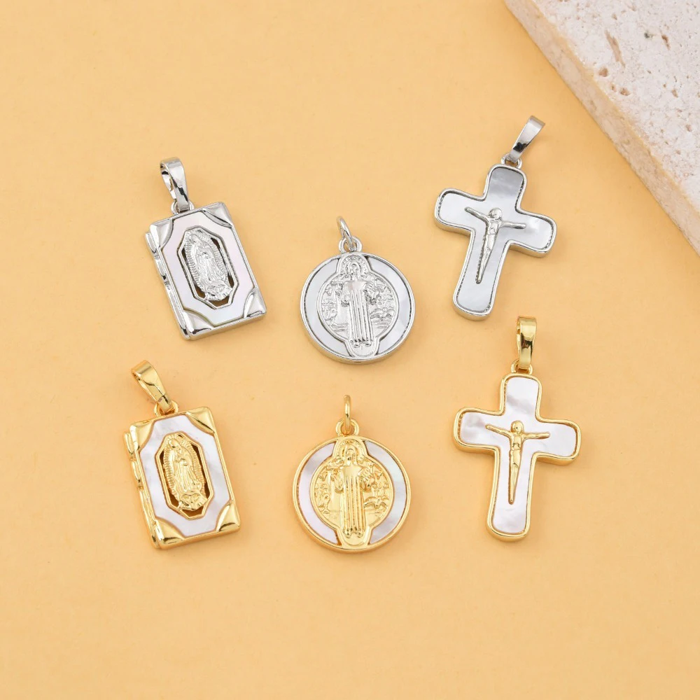 

3 Pcs Copper Plated Gold Shell Pendant DIY Necklaces Jewelry Making Cross Round Square Virgin Mary Charm Accessories Wholesale