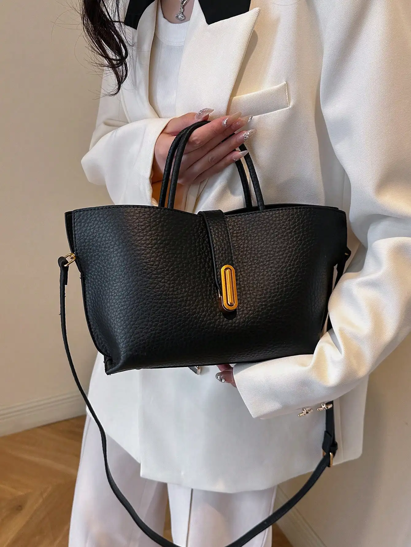 

Black Lychee Pattern Handbag Crossbody Bag Single Shoulder Bag Mother-Daughter Bag Set Fashionable Women's Accessory