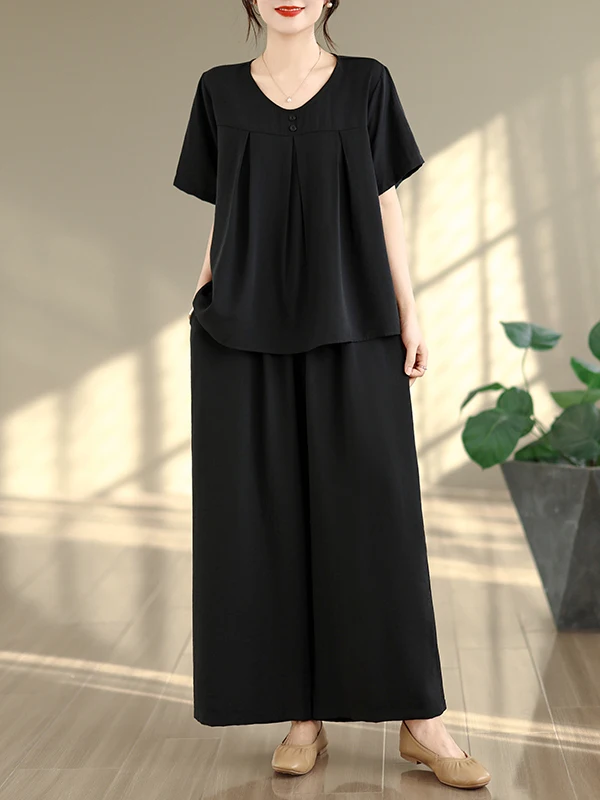 

Комплект из двух предметов: футболка свободного кроя с круглым вырезом и широкие брюки для женщин, летняя коллекция, удобный, дышащий, повседневный стиль