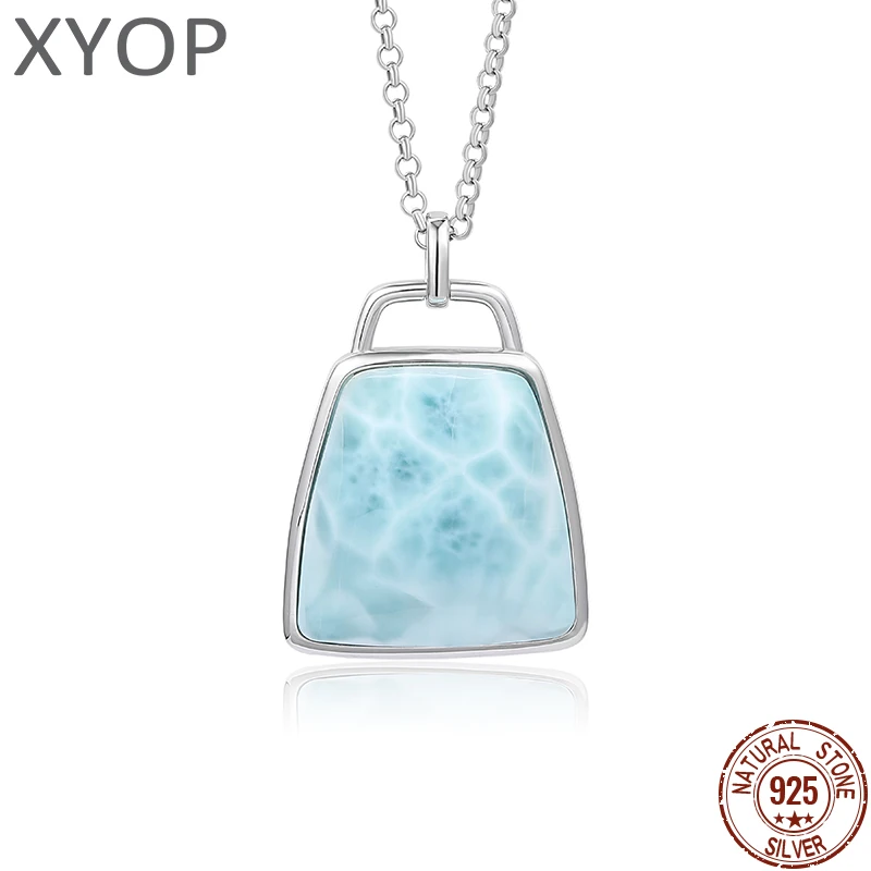 Plated Gold 925 Sterling Silver Jewelry Gifts Classic Precious Pendant Necklace Natural Larimar Retro Woman Rhombus Charm